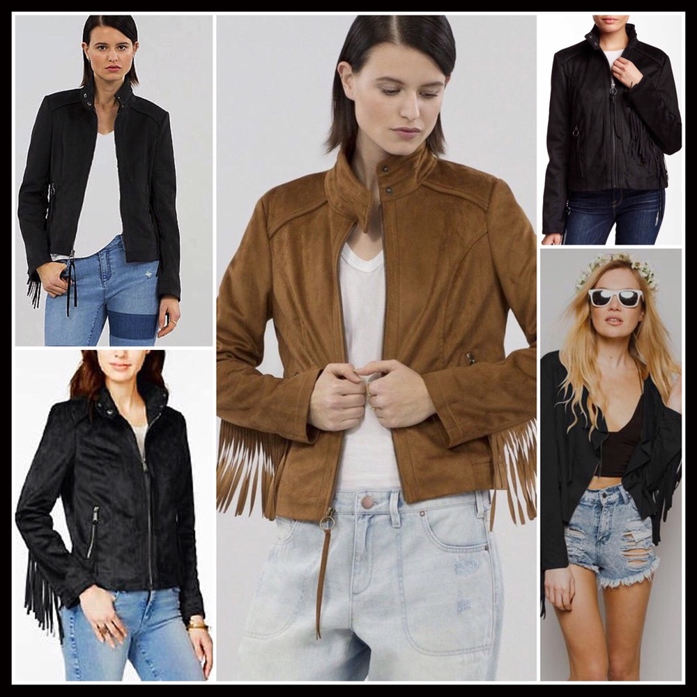 BLACK BOHO FRINGE VEGAN SUEDE MOTO BOMBER JACKET ZIP UP A2C - Picture 3 of 10
